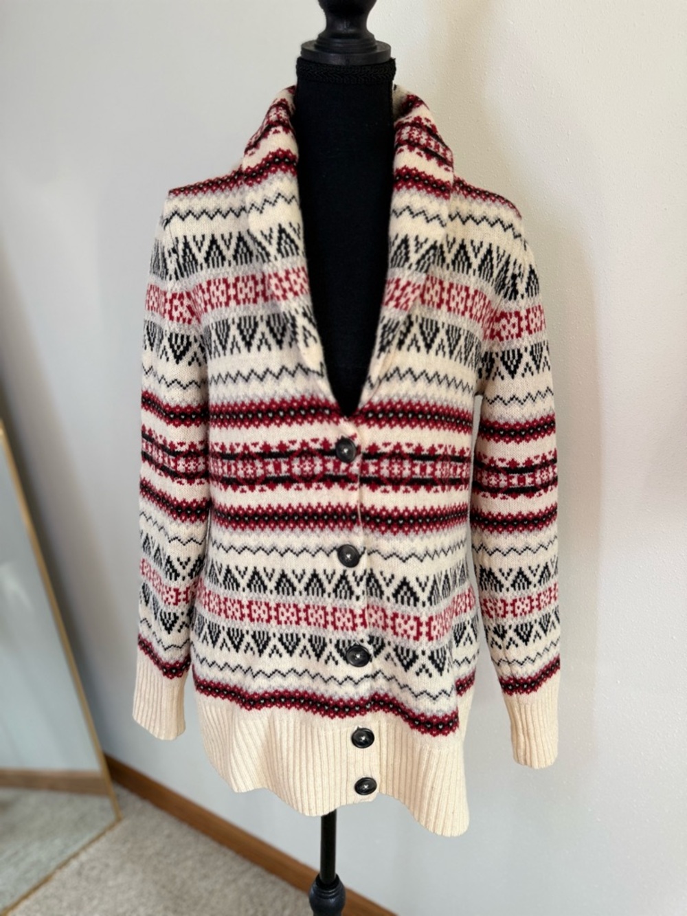 Vintage Fair Isle Cardigan Medium Red Cream Nordic Knit Button Sweater - Picture 2 of 11